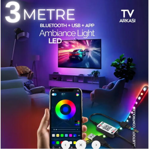 TV ARKASI ŞERİT LED 3M BLUETOOTHLU TELEFONDAN KONTROL EDİLEBİLİYO